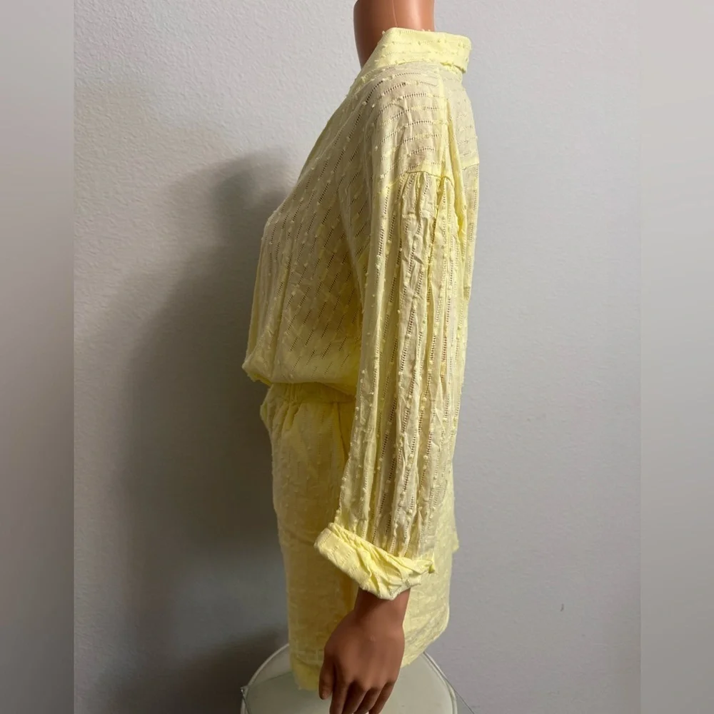 Yellow Sheer Textured Button-Up Shirt and Shorts Swim Cover Set